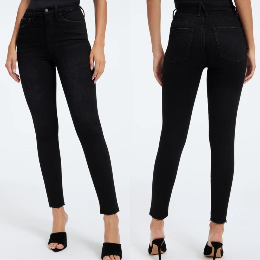 Good American Good Waist Crop Black 216 Raw Hem High Rise Skinny Jeans GWCDV844T - Picture 1 of 8